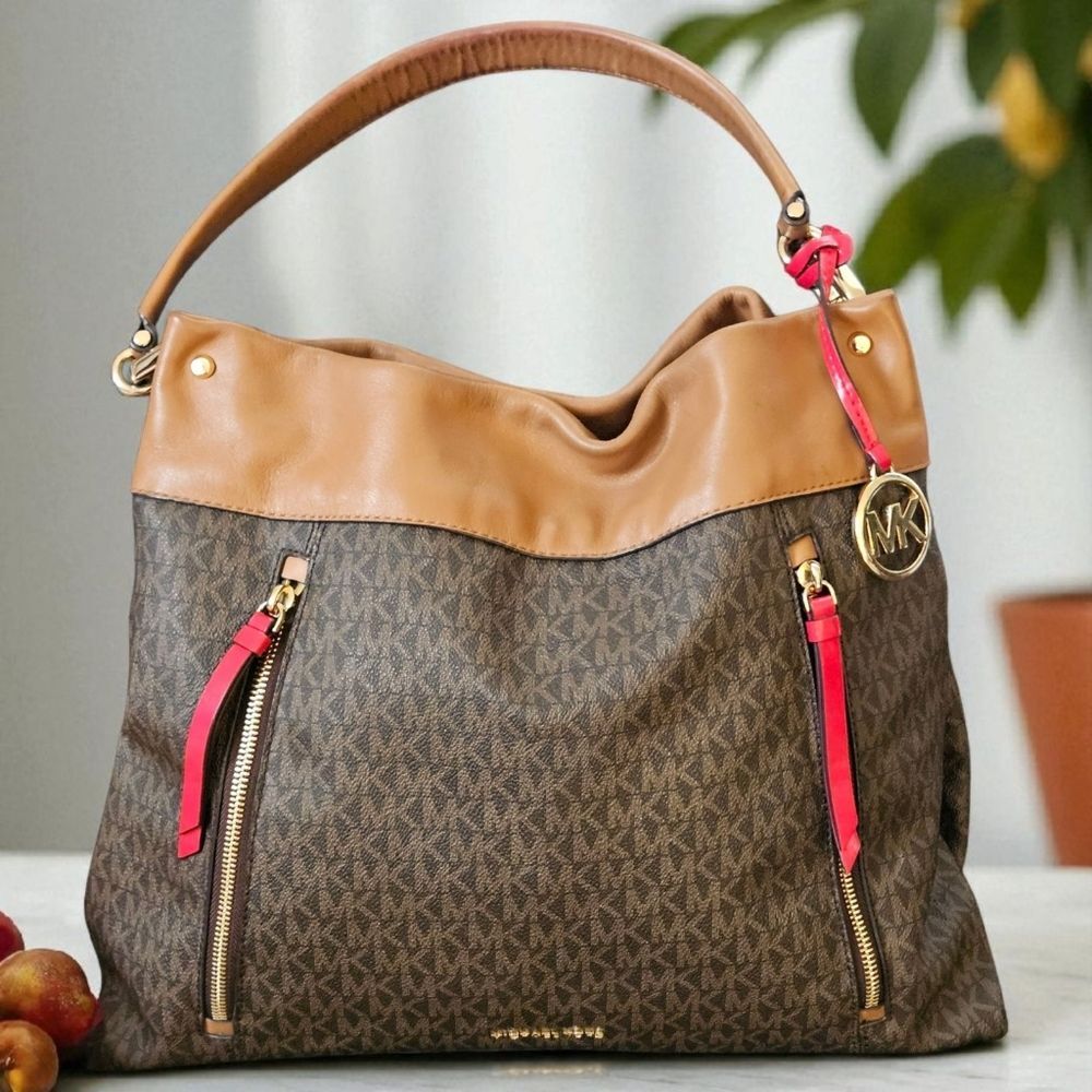 Michael Kors MK Lex Designer Hobo Bag in Brown Tan Red Crossbody Purse Tote